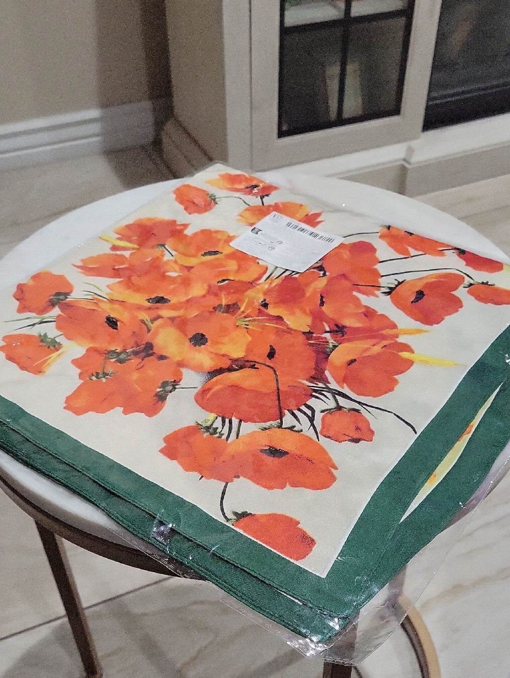 Floral Orange Poppy Print Polyrster Scarf with Green Border